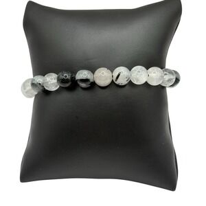 Tourmalinated Quartz Genuine Bracelet Round Stone Beads White Black Stretch